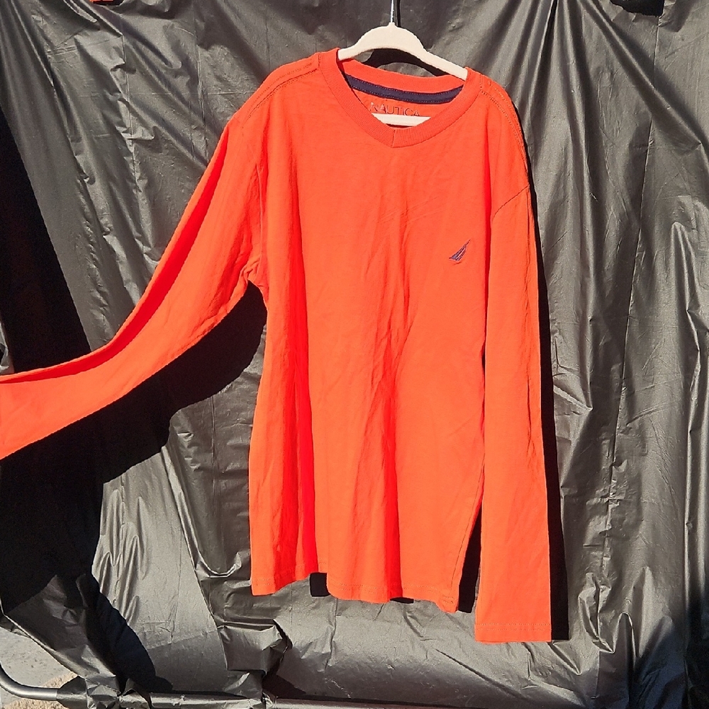 Boys Nautica Long Sleeve Shirt in Vibrant Orange with Nautical Logo Size 10/12